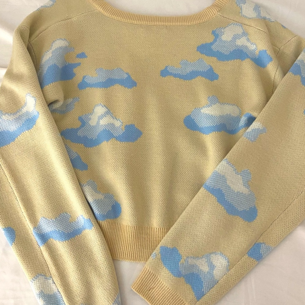 Never Worn Beige And Blue Cloud Patterned Cropped… - image 4
